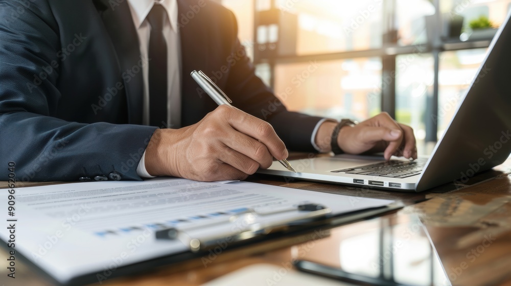 Businessman with Suit Review and signing document on Modern desk. Businessman with Suit Review and signing document on Modern desk.