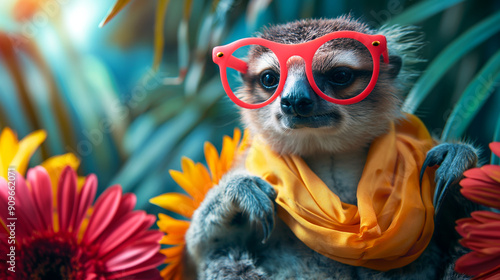 Lemur in sunglasses with a floral necklace and tropical background photo