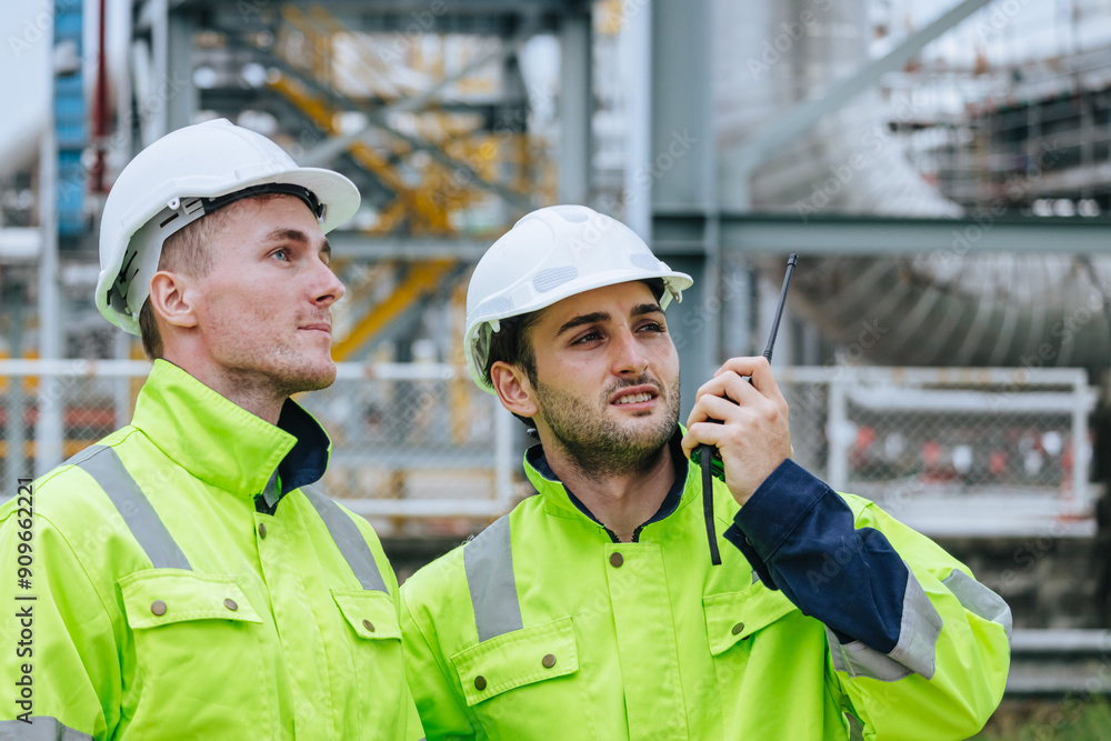 Engineer oil and gas refinery pipe service team worker working together in petroleum pipeline industry. Engineer oil and gas refinery pipe service team worker working together in petroleum pipeline industry.