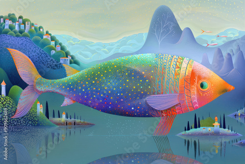 Beautiful fiction big fish floating over a lake among mountains fairy landscape	