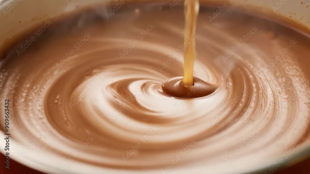 A glossy chocolate sauce being whisked in a pan, with its elegant swirls and rising steam hinting at deliciousness. A glossy chocolate sauce being whisked in a pan, with its elegant swirls and rising steam hinting at deliciousness.