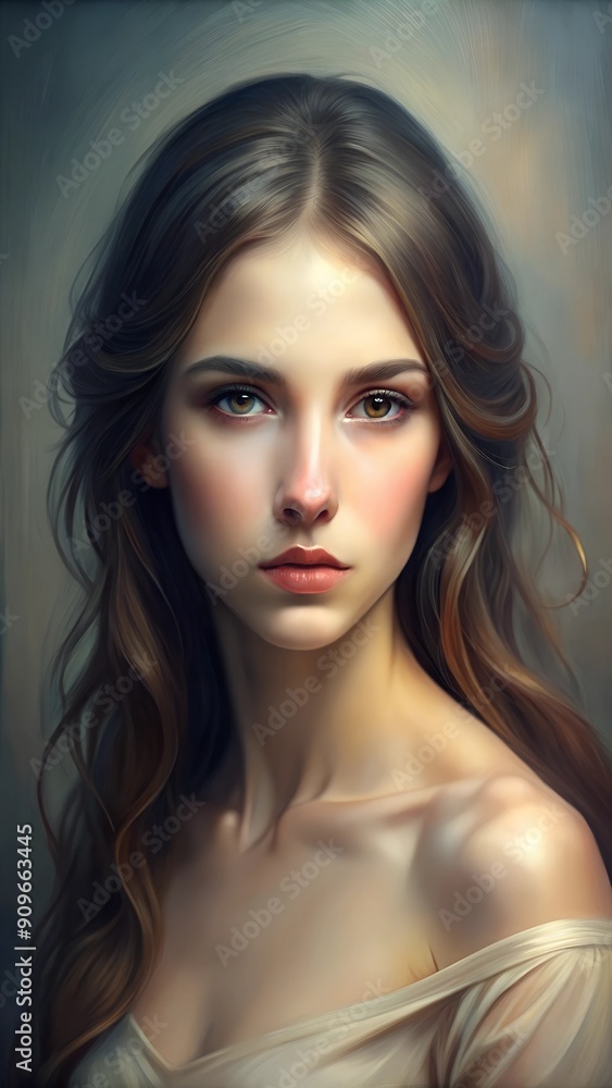 Fototapeta premium Portrait of a Young Woman with Long Hair and Soft Lighting, Elegant and Serene