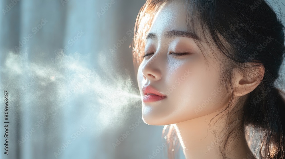 Young woman fingers press the spray mist to spray out skin care products to replenish water,spray after makeup studio with product for mockup in cosmetics on empty background,hydration and glow. Young woman fingers press the spray mist to spray out skin care products to replenish water,spray after makeup studio with product for mockup in cosmetics on empty background,hydration and glow.