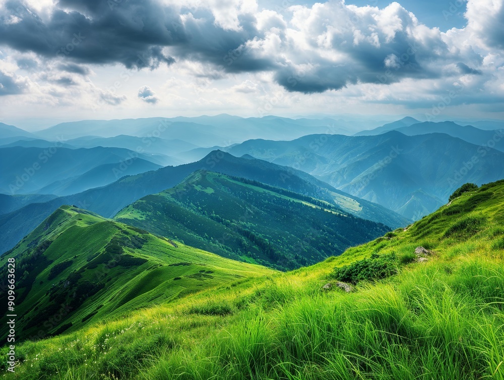 Fototapeta premium A breathtaking mountain landscape with rolling green hills and a dramatic sky filled with clouds, creating a serene and majestic scene.
