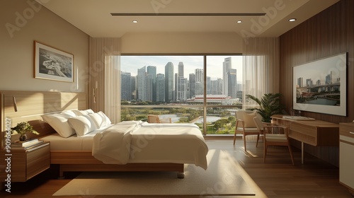 Luxury Empty bed and wheelchai in nursing a clinic or hospital 3d hospital room rendering patient bed illustration.Modern hospital health care Hospital ward VIP hospital interior bed and armchairs.