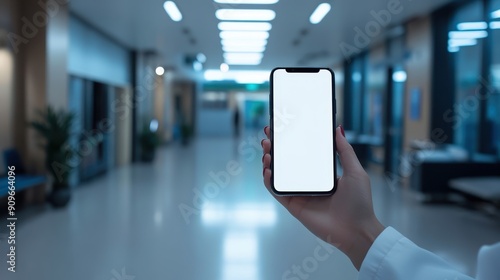 Young woman Hand holding smartphone with blank screen with blurred of Hospital hallway  reception clinic Abstract blur hospital and clinic interior hospital corridor defocused Medical background.
