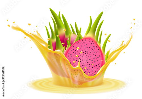 Realistic Fresh ripe dragon fruit and dragon fruit juice 3D splash wave, isolated. Healthy food or tropical fruit drink liquid ad label design. Tasty pitaya smoothie splash, vitamin cocktail, vector