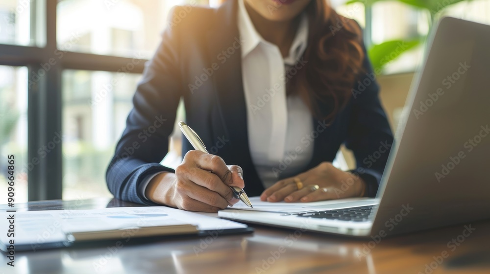 Businesswoman working at desk with laptop and pen. Businesswoman working at desk with laptop and pen.