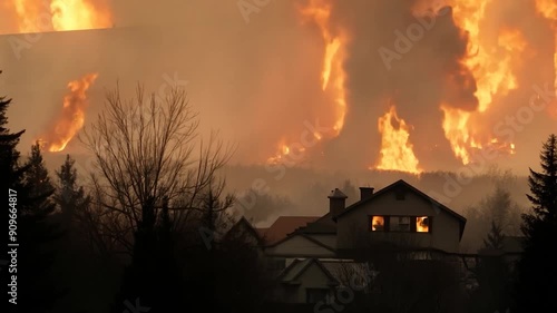 A large wildfire rages, consuming trees near houses. Flames burst, and smoke fills the air, revealing damage and highlighting fire danger.