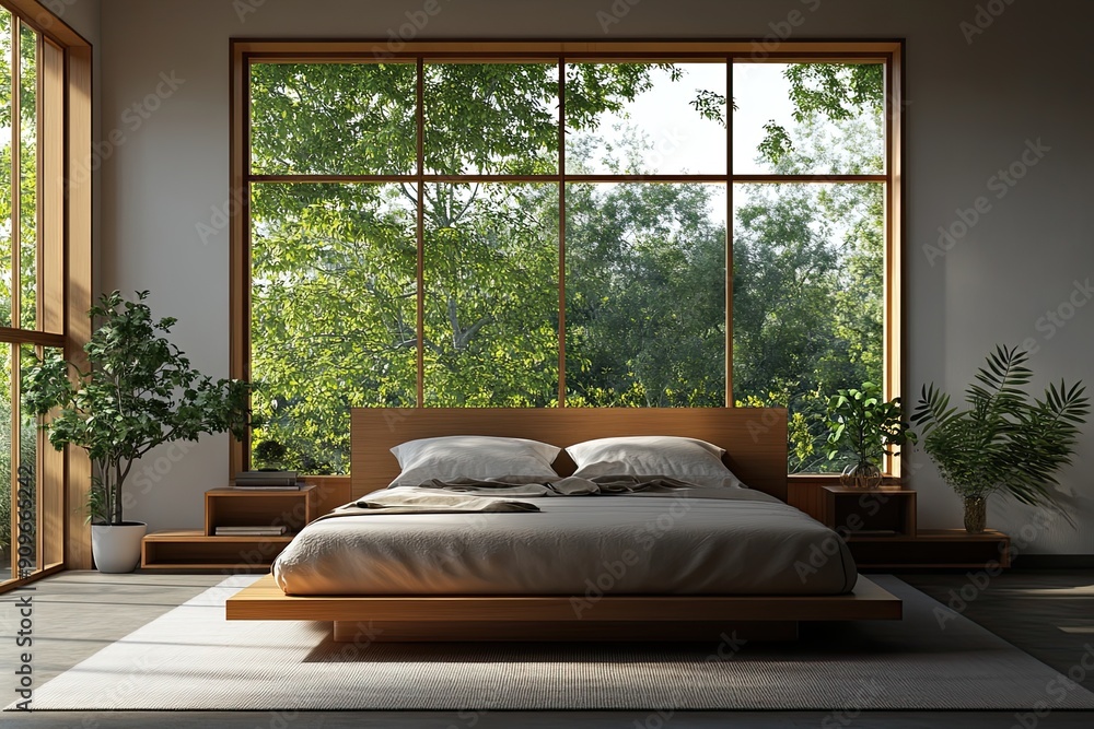 Minimalist bedroom featuring a platform bed, sleek nightstands, a simple rug, and a view of greenery through a large window --ar 3:2 --v 6 Job ID: 04ca78bb-a27b-4954-9ac5-8c0312037e12 Minimalist bedroom featuring a platform bed, sleek nightstands, a simple rug, and a view of greenery through a large window --ar 3:2 --v 6 Job ID: 04ca78bb-a27b-4954-9ac5-8c0312037e12