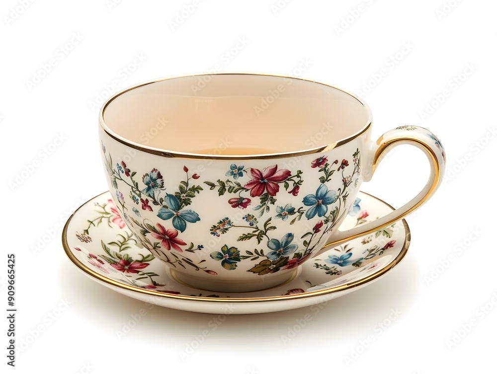 Delicate Porcelain Teacup with Intricate Floral Patterns on White Background Delicate Porcelain Teacup with Intricate Floral Patterns on White Background