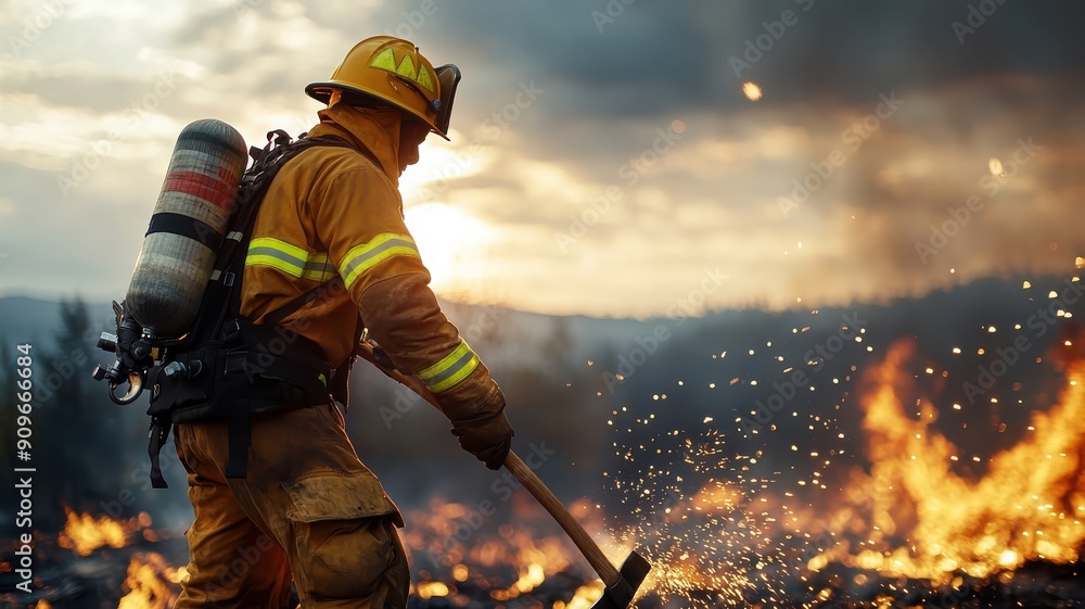 Lone firefighter creating firebreak with Pulaski axe in inferno. Lone firefighter creating firebreak with Pulaski axe in inferno.