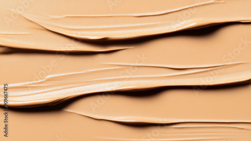 Closeup of a concealer texture background in a neutral beige tone, featuring smooth, even coverage with light reflections 