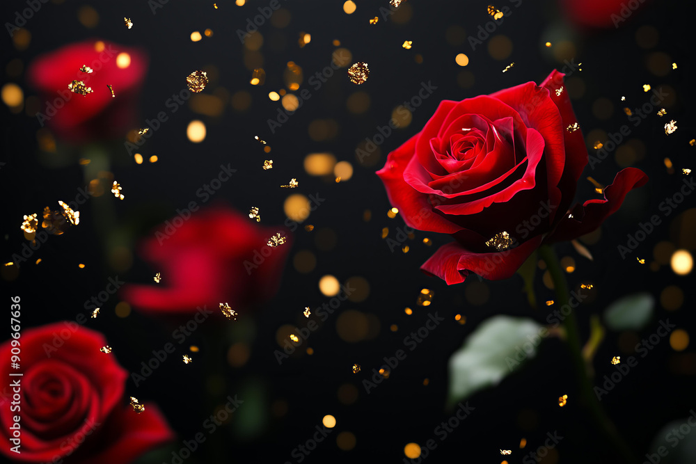 big flying blurred red roses heads and golden confetti isolated on smooth solid black background, greeting card, valentines, love big flying blurred red roses heads and golden confetti isolated on smooth solid black background, greeting card, valentines, love