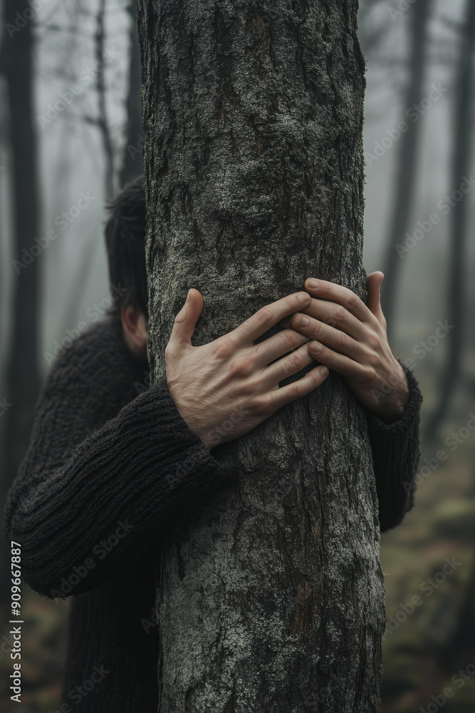 hands hugging the trunk of an old tree in a misty forest, cinematic , creepy Halloween aesthetic hands hugging the trunk of an old tree in a misty forest, cinematic , creepy Halloween aesthetic