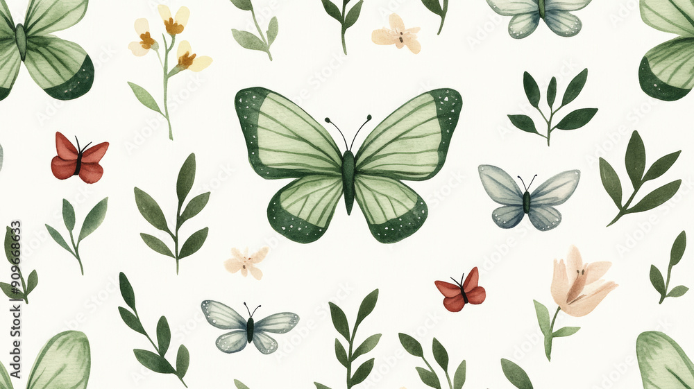 Closeup of a seamless watercolor pattern with green ribbons, butterflies, and flowers on a soft beige background Closeup of a seamless watercolor pattern with green ribbons, butterflies, and flowers on a soft beige background