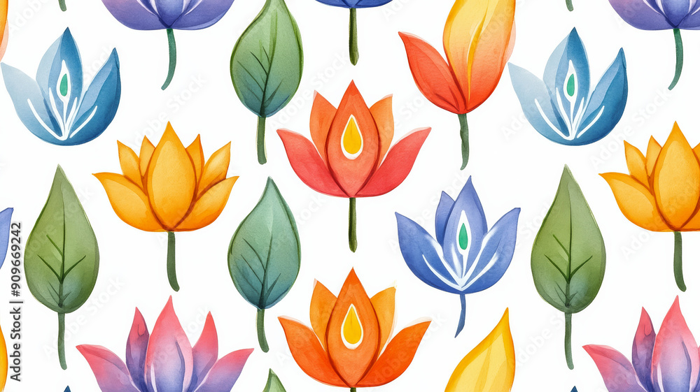 Closeup of a watercolor Diwali pattern with diyas, rangoli designs, and lotus flowers in vibrant colors on a white background Closeup of a watercolor Diwali pattern with diyas, rangoli designs, and lotus flowers in vibrant colors on a white background