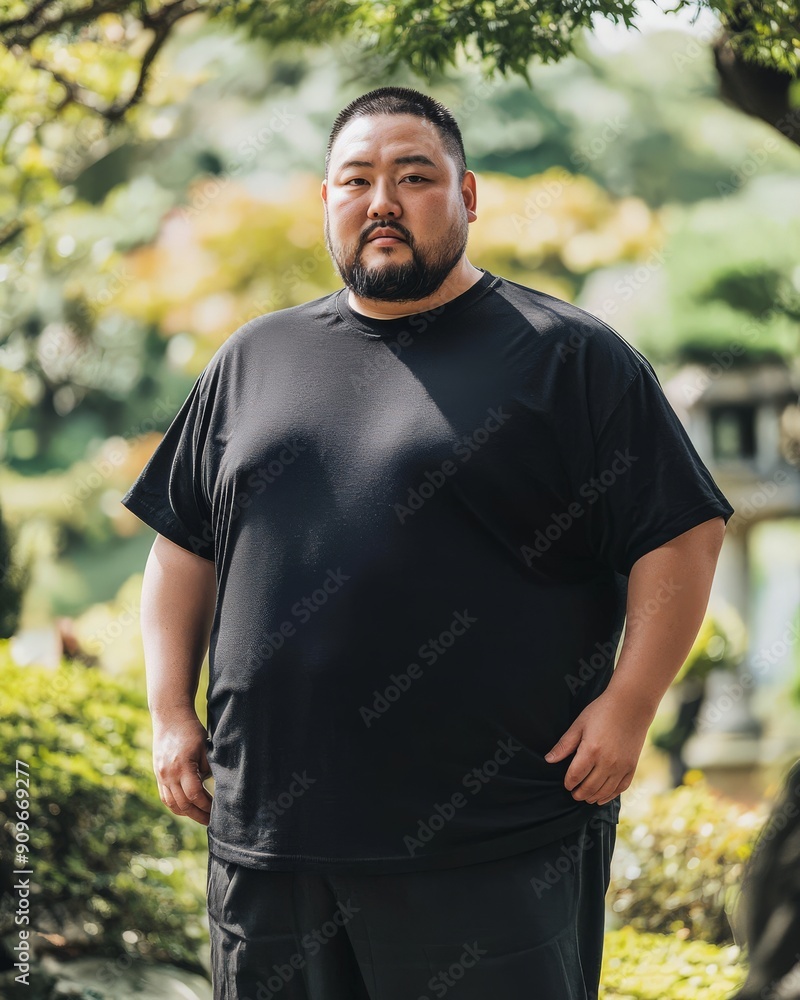 A confident model wears a blank black t-shirt in a serene garden A confident model wears a blank black t-shirt in a serene garden