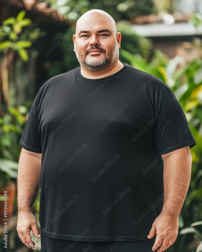 Model displays a plain black XXL t-shirt in a vibrant garden setting Model displays a plain black XXL t-shirt in a vibrant garden setting