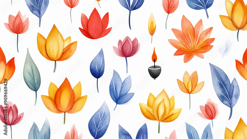 Obraz premium Closeup of a whimsical watercolor pattern with diyas, lotus flowers, and lanterns in festive colors on a white background 