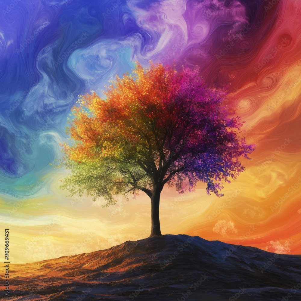 Tranquil Isolation - Surreal Solitude of a Tree with Rainbow Leaves in Barren Landscape under Abstract Swirling Sky Tranquil Isolation - Surreal Solitude of a Tree with Rainbow Leaves in Barren Landscape under Abstract Swirling Sky