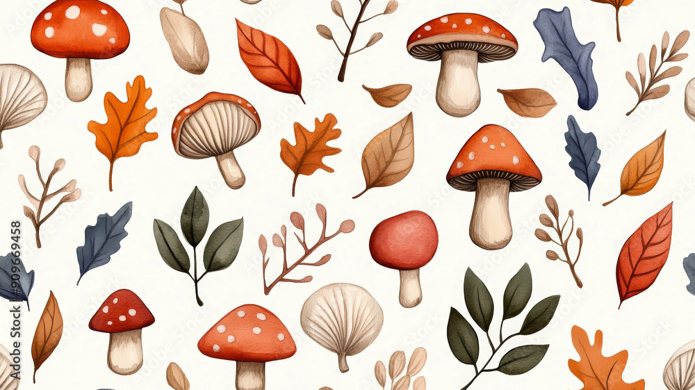 Closeup of a whimsical watercolor autumn pattern with mushrooms, leaves, and twigs on a light background Closeup of a whimsical watercolor autumn pattern with mushrooms, leaves, and twigs on a light background