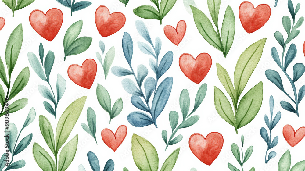 Closeup of a whimsical watercolor pattern with green ribbons, clouds, and hearts in calming colors on a white background Closeup of a whimsical watercolor pattern with green ribbons, clouds, and hearts in calming colors on a white background