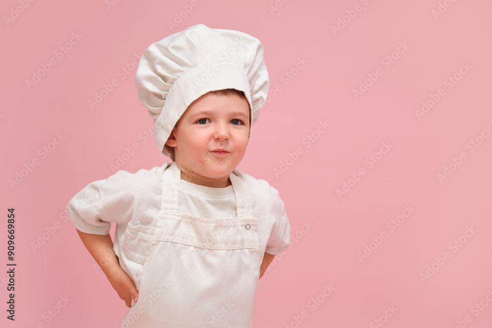 Happy child, in a chef's uniform, enjoys a fun photo session in a studio with a pink and red background. Kid aged 3 years (three year old boy) Happy child, in a chef's uniform, enjoys a fun photo session in a studio with a pink and red background. Kid aged 3 years (three year old boy)
