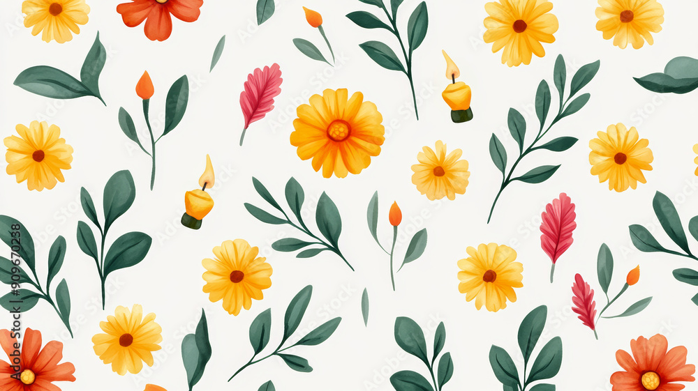 Overhead view of a festive watercolor pattern with diyas, fireworks, and marigold flowers in vibrant colors on a light grey background Overhead view of a festive watercolor pattern with diyas, fireworks, and marigold flowers in vibrant colors on a light grey background