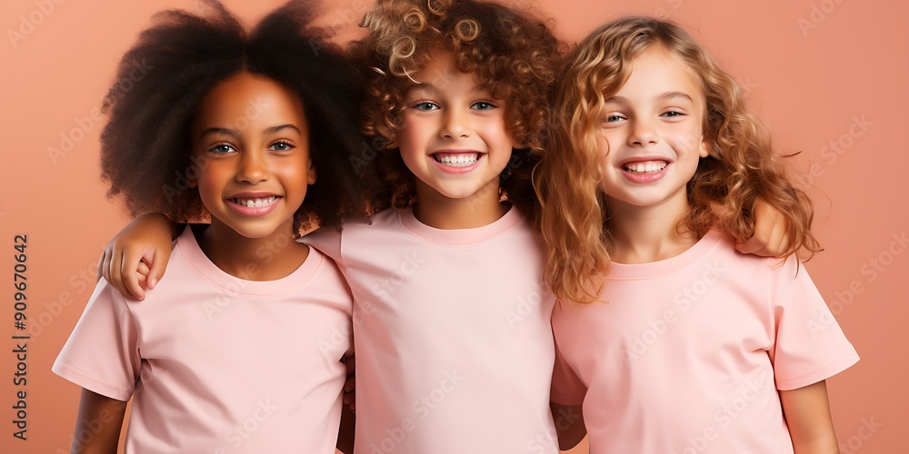 Three children wearing white short sleeve t-shirts, smiling and posing for the camera against a colorful background. Three children wearing white short sleeve t-shirts, smiling and posing for the camera against a colorful background.