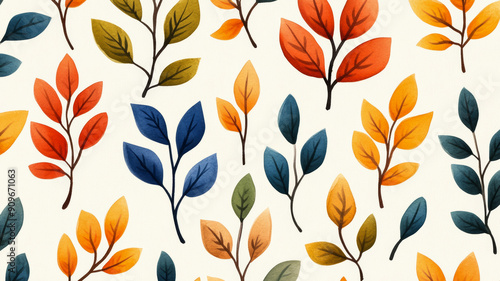 Overhead view of a watercolor design with colorful autumn leaves and branches on a soft beige background 