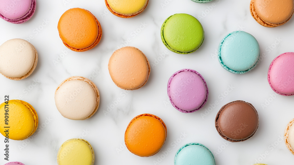Overhead view of colorful macaron cookies arranged on a white marble background with pastel colors Overhead view of colorful macaron cookies arranged on a white marble background with pastel colors