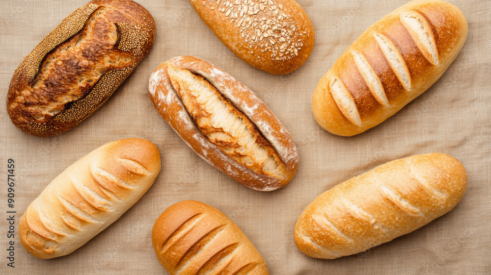 Overhead view of freshly baked bread on a textured, rustic cloth background creating a warm, homely feel Overhead view of freshly baked bread on a textured, rustic cloth background creating a warm, homely feel