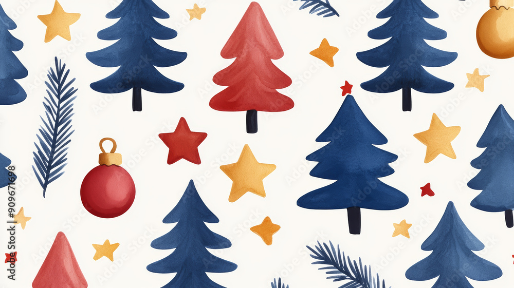 Obraz premium Wide angle of a colorful watercolor design with Christmas trees, stars, and baubles in festive colors on a light background 