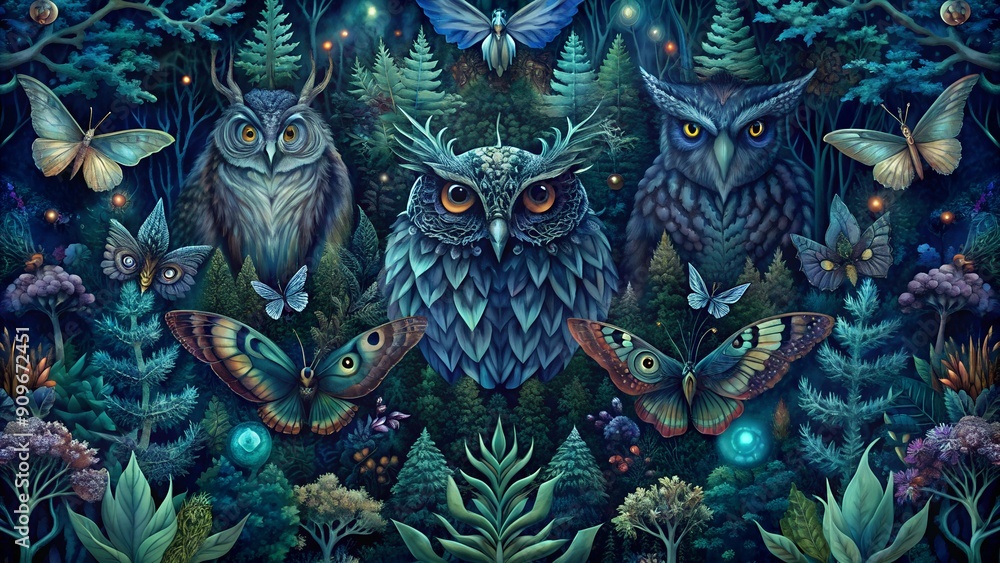 Dark Mysterious Forest Pattern with Owls and Hawt Moths. Perfect for: Halloween, Fantasy Illustrations, Dark Themed Designs Dark Mysterious Forest Pattern with Owls and Hawt Moths. Perfect for: Halloween, Fantasy Illustrations, Dark Themed Designs