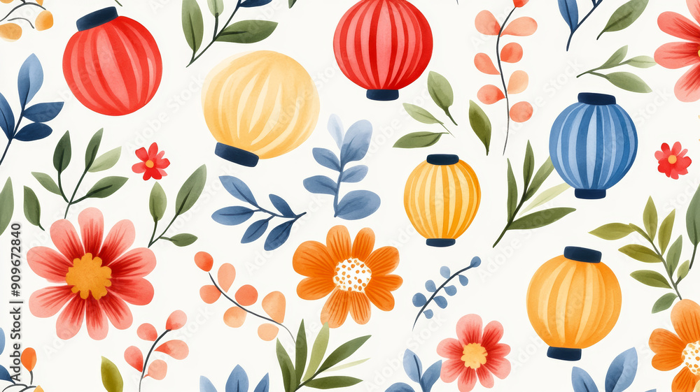 Wide angle of a watercolor pattern featuring lanterns, fireworks, and floral motifs in festive colors on a light background Wide angle of a watercolor pattern featuring lanterns, fireworks, and floral motifs in festive colors on a light background