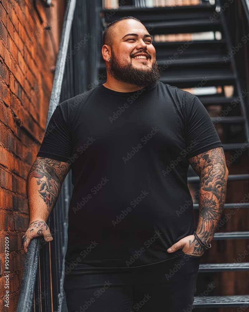 Fotografie Model confidently poses in a blank black tee against a rustic backdrop