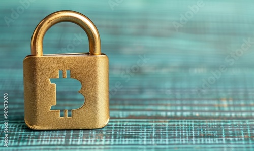 secure bitcoin cryptocurrency digital asset with gold padlock on teal wood background. photo