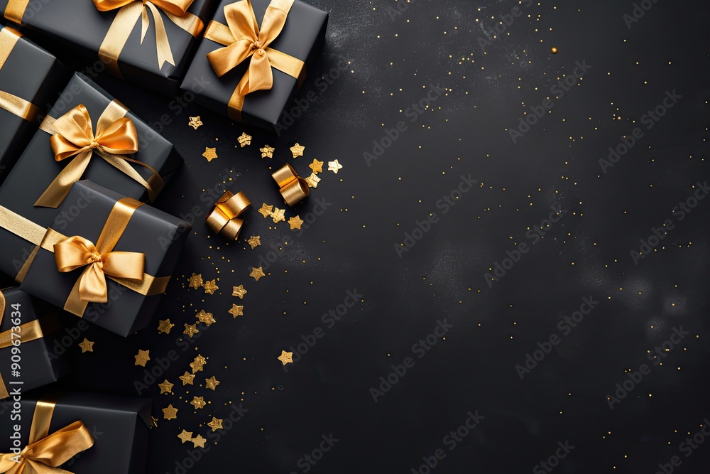Top view of a several black gift boxes arranged on black background, black Friday discounts concept. Black Friday sales background. Top view of a several black gift boxes arranged on black background, black Friday discounts concept. Black Friday sales background.