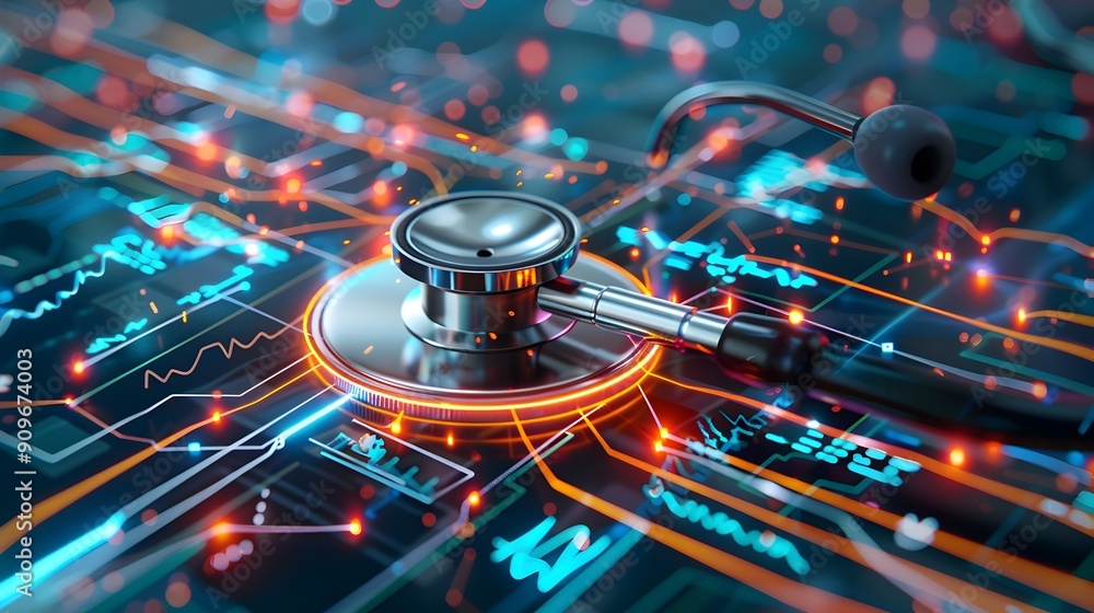 Stethoscope on a Digital Circuit Board. Stethoscope on a Digital Circuit Board.