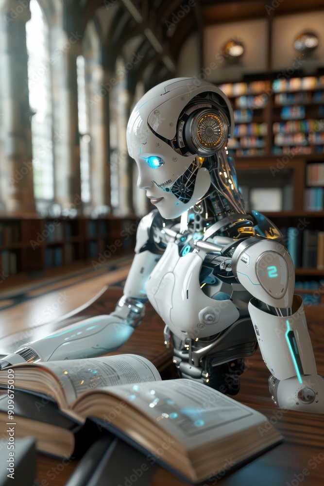 Humanoid AI robot reading against a fuzzy background in a library Humanoid AI robot reading against a fuzzy background in a library