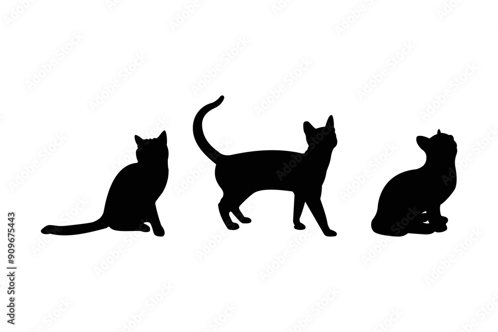 Naklejka premium Set of black silhouette cats in different poses. Vector illustration isolated on white background.