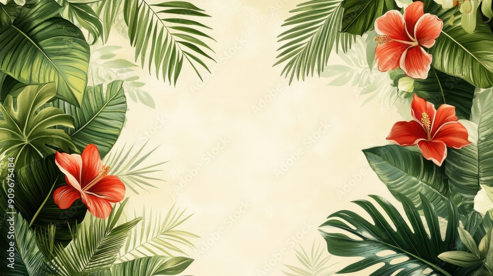 tropical background template with lush green palm leaves and exotic flowers tropical background template with lush green palm leaves and exotic flowers