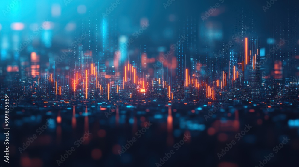 digital stock market chart with candlestick charts and bar graphs, blurred cityscape in the background digital stock market chart with candlestick charts and bar graphs, blurred cityscape in the background