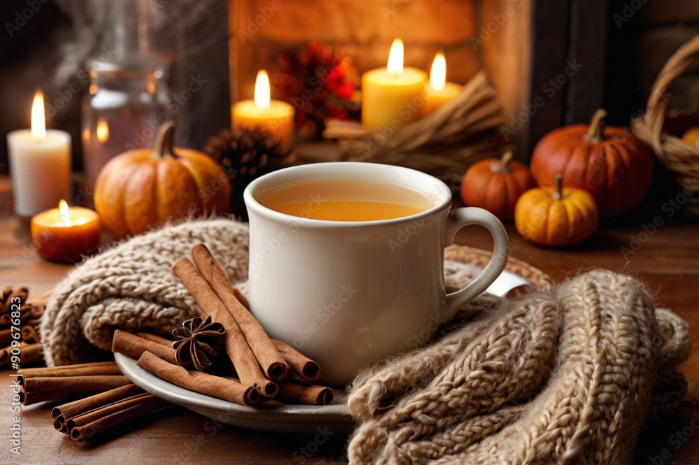 Cozy Thanksgiving backgrounds with Steaming Mug of Hot Cider, Cinnamon Sticks, candles, and Wool Blanket in Background Cozy Thanksgiving backgrounds with Steaming Mug of Hot Cider, Cinnamon Sticks, candles, and Wool Blanket in Background