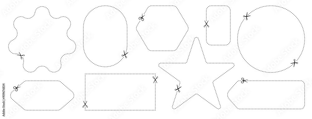 Cut here icon. Set of scissors cutting shape, paper cut here icon with dotted line for ticket, coupon, promo code Cut here icon. Set of scissors cutting shape, paper cut here icon with dotted line for ticket, coupon, promo code