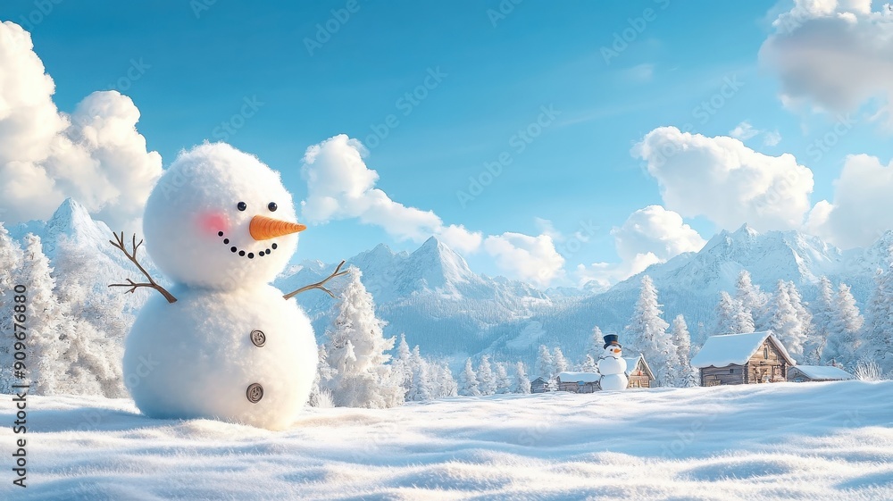 Obraz premium Whimsical illustration of a snowball winking at a snowman.