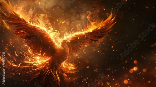 phoenix rising from the ashes, fantasy art style, fire and flames in background, full body shot, wings spread out wide photo