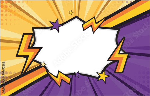 Pop art comic background with lightning flashes, stars and clouds. cartoon frame, retro cover halftone effect. Purple and yellow colored cartoon comic abstract background template