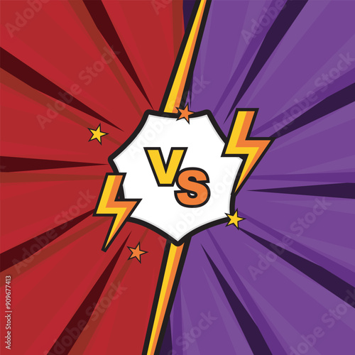 Pop art comic background with lightning flashes, stars and clouds. cartoon frame, retro cover halftone effect. Purple and red colored cartoon comic abstract background template